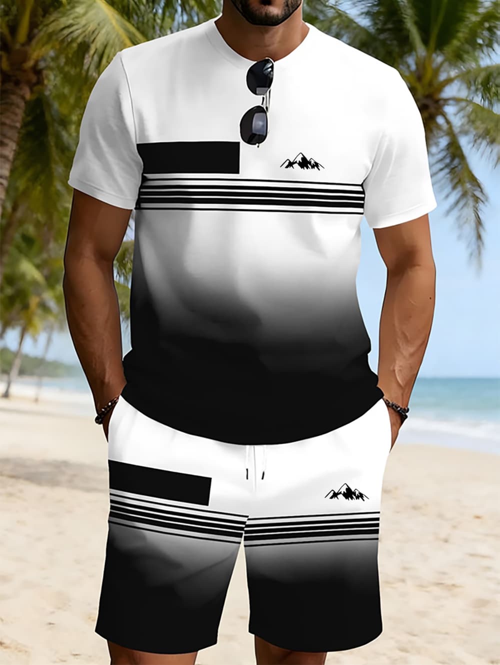 3D Printing Jersey - ชุดเซ็ตสองชิ้นลำลองสำหรับผู้ชาย ลายทางพิมพ์ลาย 3 มิติ เสื้อแขนสั้นและกางเกงขาสั้น ชุดออกกำลังกายสำหรับผู้ชาย
