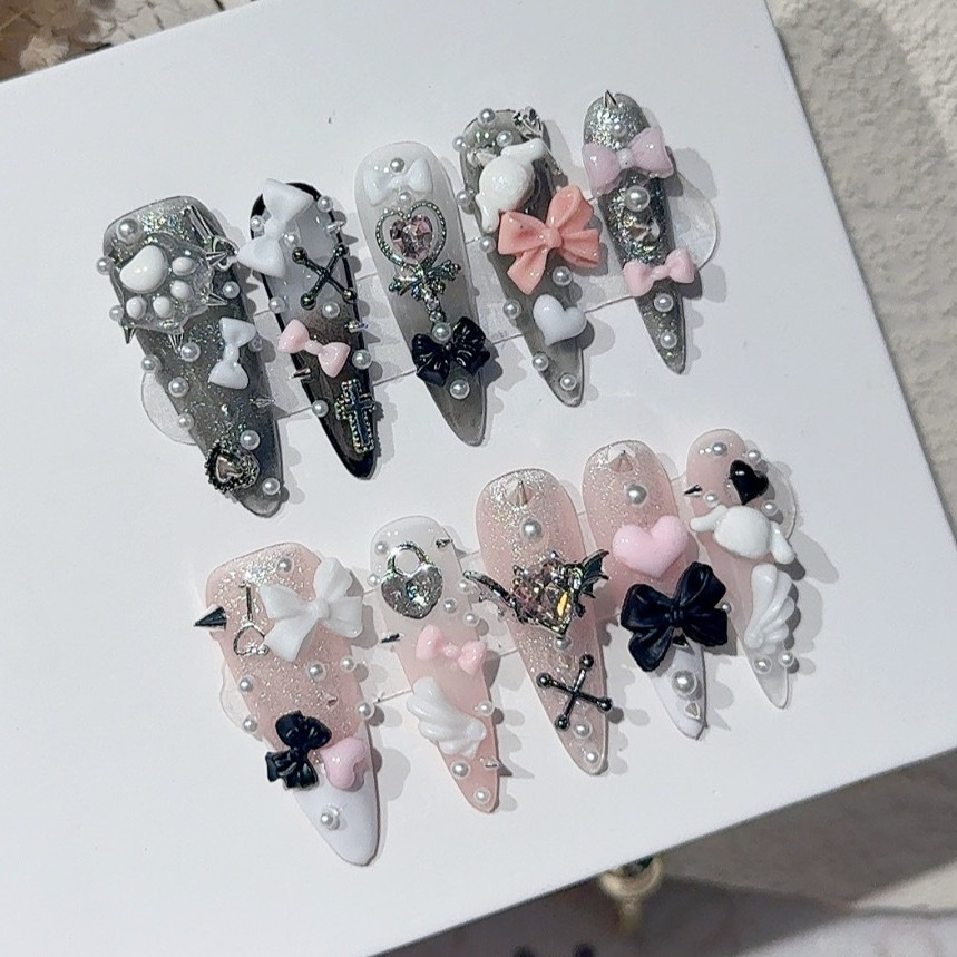 3D Printing Nails - เล็บปลอมเจไรวายทูเค สไปซ์เกิร์ล แบล็คพิงค์ แบบยาว ปลายเล็บทรงฝรั่งเศส หวาน