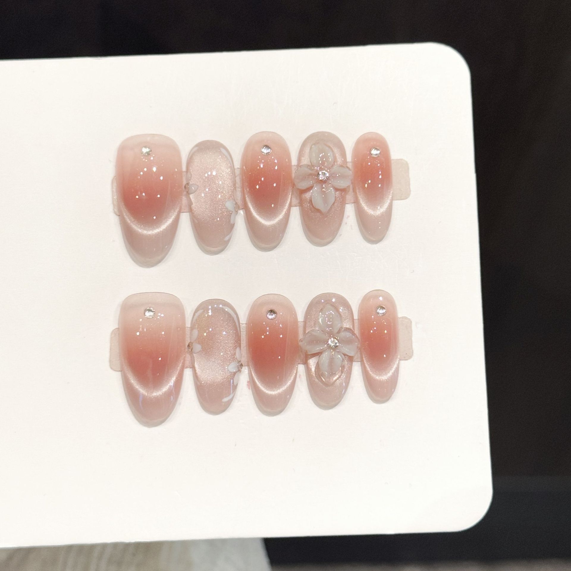 3D Printing Nails - เล็บปลอมแบบกดติด 10 ชิ้น ทำมือ ลายใสสไตล์ฝรั่งเศส แต่งสีบลัช
